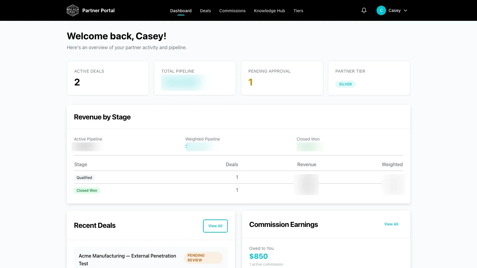 Partner portal dashboard showing active deals, total pipeline, partner tier, revenue by stage, recent deals, and commission earnings