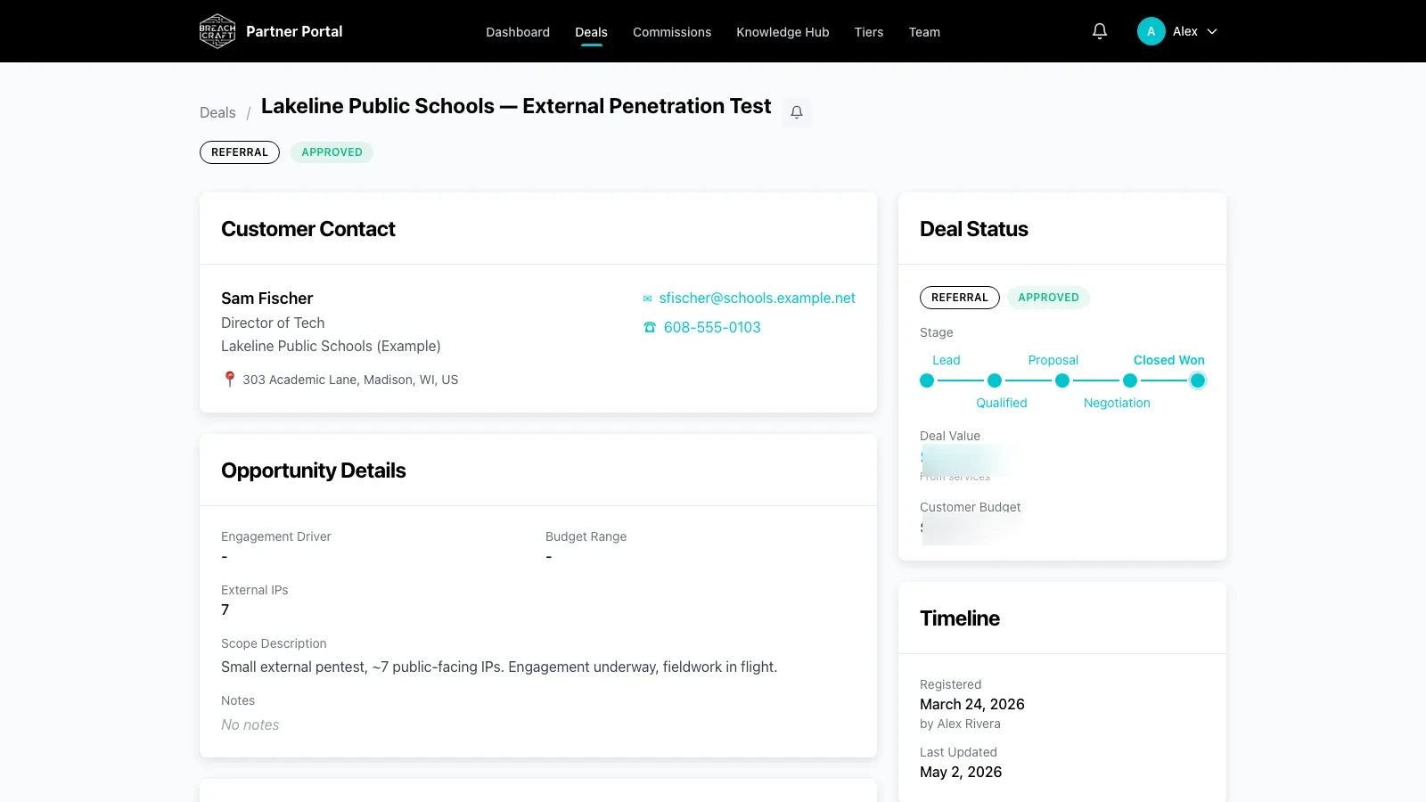 Deal detail page showing customer contact, opportunity details, deal status with stage progression, financials, and timeline