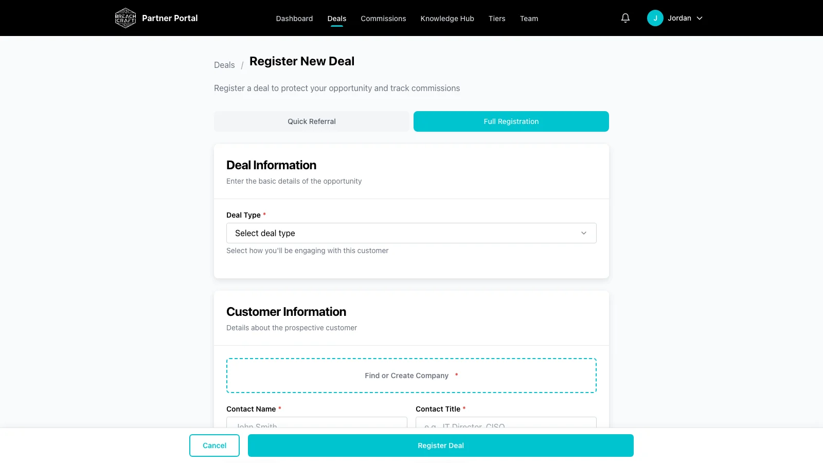 Deal registration page with the Quick Referral / Full Registration mode toggle, deal type selector, and customer information section