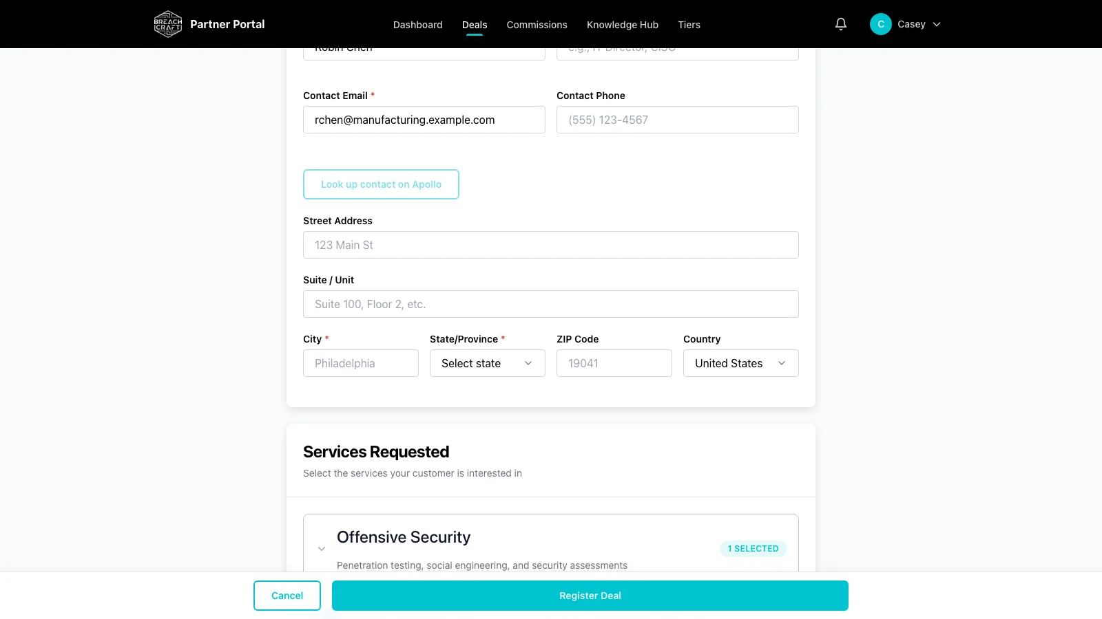 Deal registration form showing customer contact, address fields, and the start of the services requested section