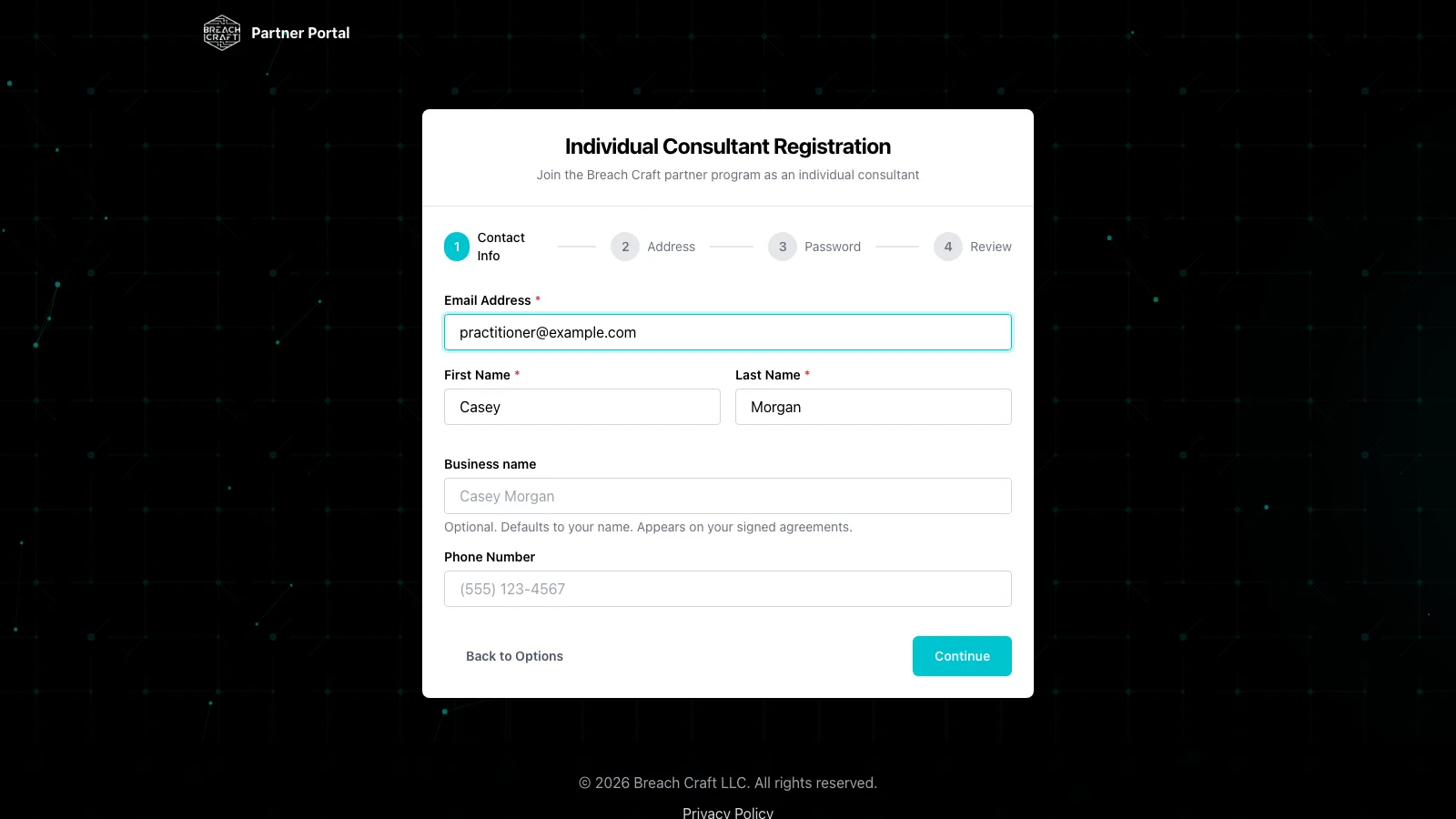 Individual consultant registration form showing the four-step signup progress (Contact Info, Address, Password, Review), email, name, business name, and phone fields
