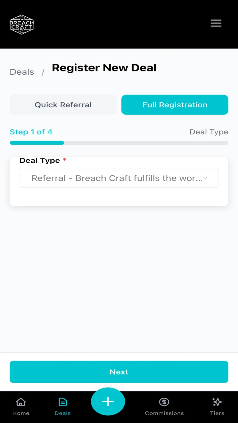 Deal registration form on mobile showing the Quick Referral / Full Registration toggle, four-step progress indicator, and deal type dropdown