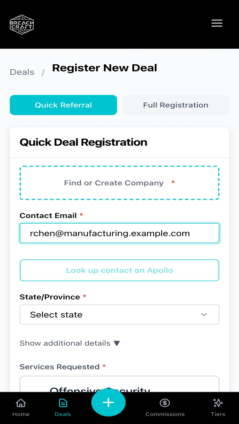 Quick deal registration form on mobile showing the company lookup, contact email with Apollo lookup option, state selector, and start of services requested